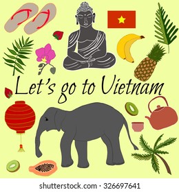 Postcard let's go to Vietnam, doodled symbols of Vietnam, vector Vietnam symbols