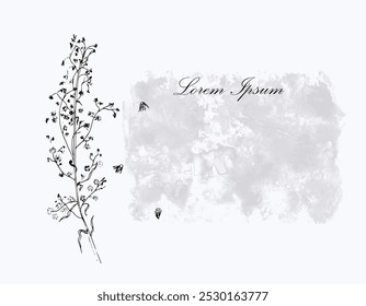 A postcard, a letterhead with plant elements. A wildflower, an abstract gray spot with an inscription on a white background.