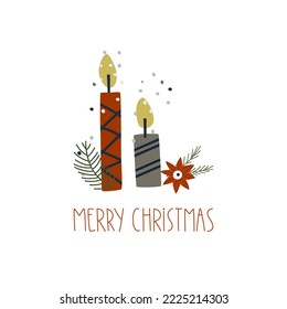 Postcard with an lettering and candles: Merry Christmas. Suitable for invitations, holiday greetings, interior decoration, clothes, merch.