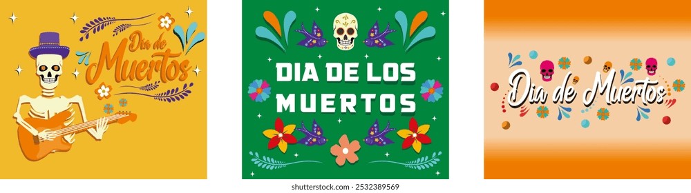 Postal con letras Dia de Muertos. Dia de los mortos, con coloridas flores mexicanas. Dia de Muertos, día de los Muertos, texto en español. Conjunto de ilustración moderna de Vector plano 