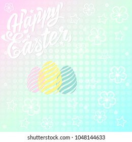 Postcard with the lettering "Happy Easter", handwritten font, with flowers and stars, on a pink-blue background, with the Easter egg with a print