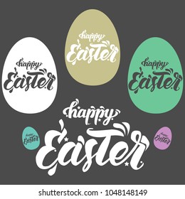 Postcard with the lettering "Happy Easter", handwritten font, on a gray background, with Easter eggs of two sizes, with a font on the eggs