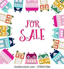 Postcard with lettering FOR SALE decorated with colorful houses. Vector stock illustration. 