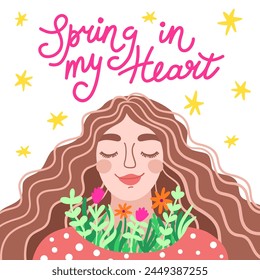 A postcard with lettering Spring in my heart. A girl with a bouquet of flowers