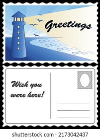 Postcard, Lighthouse At Dawn,  Beacon, Coast Landscape, Seaside With Birds, Ocean Waves, Copy Space For Custom Greetings And Destination Address. Full Size Postcard, Front And Back.