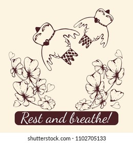 Postcard Linear Stylish Cartoon Birds, a tail in a box, a necklace on the neck and heart, flowers and an inscription. Hand drawn vector stock illustration.