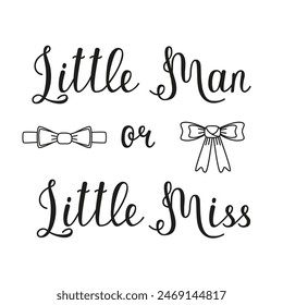 Postcard Little Person or Little Miss. Illustration with bows and text in doodle style on a white background. Vector invitation card template for baby gender reveal party. Calligraphic inscription