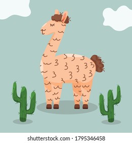 Postcard of llama with cactus, vector