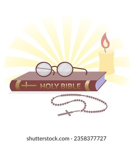 Postcard, logo for the Christian community. Bible, rosary, candle, glasses. Full color flat style. Vector illustration.