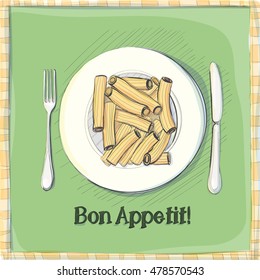 Postcard, logo of pasta on a fork. Stylized drawing of a pen. Maybe part of the corporate identity associated with food.