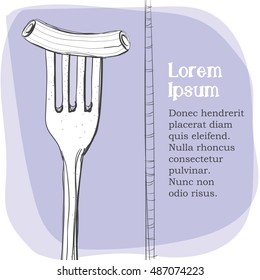 Postcard, logo of pasta on a fork. Stylized drawing of a pen. Maybe part of the corporate identity associated with food.