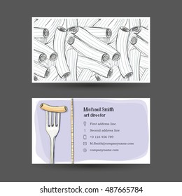 Postcard, logo of pasta on a fork. Stylized drawing of a pen. Maybe part of the corporate identity associated with food.
