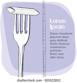 Postcard, logo of pasta on a fork. Stylized drawing of a pen. Maybe part of the corporate identity associated with food.
