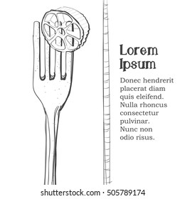 Postcard, logo of pasta on a fork. Stylized drawing of a pen. Maybe part of the corporate identity associated with food.