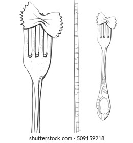 Postcard, logo of pasta on a fork. Stylized drawing of a pen. Maybe part of the corporate identity associated with food.