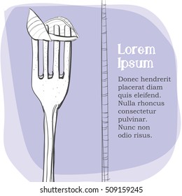 Postcard, logo of pasta on a fork. Stylized drawing of a pen. Maybe part of the corporate identity associated with food.