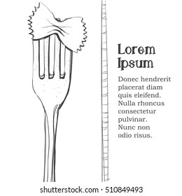 Postcard, logo of pasta on a fork. Stylized drawing of a pen. Maybe part of the corporate identity associated with food.