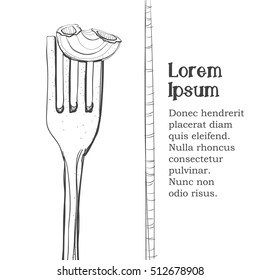 Postcard, logo of pasta on a fork. Stylized drawing of a pen. Maybe part of the corporate identity associated with food.