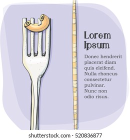 Postcard, logo of pasta on a fork. Stylized drawing of a pen. Maybe part of the corporate identity associated with food.