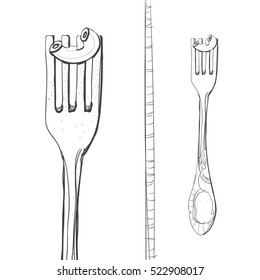 Postcard, logo of pasta on a fork. Stylized drawing of a pen. Maybe part of the corporate identity associated with food.