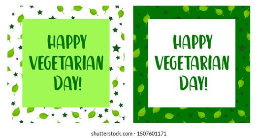 Postcard or logo for World Vegan and Vegetarian Day. Bright green background. Square format.