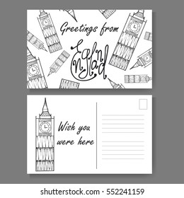 Postcard from London. Hand drawn lettering and sketch. Greetings from england. Vector illustration