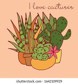 Postcard. I love cactuses. Vector. Cactuses. Bright postcard. Color illustration.