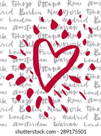 Postcard love. Cities of the world. Calligraphy. Handmade. Ink, brush.