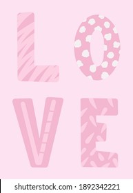 Postcard with LOVE sign in pink white colors. Good for Valentine day, romantic love postcards. Vector illustration