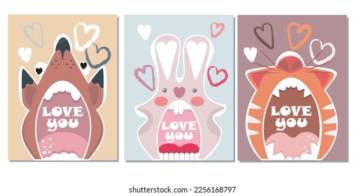postcard, love you, animals with open mouth