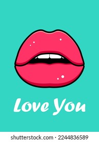 Postcard I love you. Cartoon lips on a green background. Vector illustration