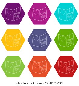 Postcard I love you icons 9 set coloful isolated on white for web