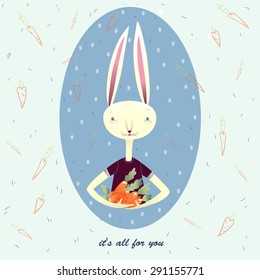 Postcard for loved ones and friends. Bunny gives you a carrot with love.