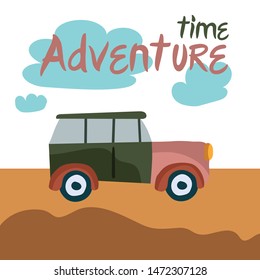 Postcard with a machine that shows the journey. In a Scandinavian cozy style. Vector illustration.
