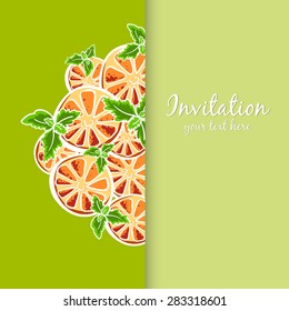 Postcard made from hand drawn slices of orange and leafs of mint. Vector illustration