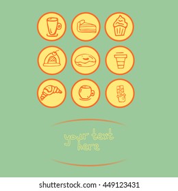 Postcard made of icons with sweets. Delicious background. Vivid shape, made of sweets. There is a place for your text.
