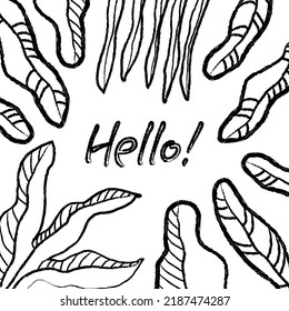 Eine Postkarte aus Blättern im Doodle-Stil. Lineare Handzeichnung. Vektorgrafik. botanischer Rahmen