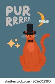 Postcard with a magic cat illustration. Cat in a cylinder hat, moon and a sparkle. Purr lettering text, hand drawn calligraphy. Simple funny illustration. Greeting card, print, banner, invitation.