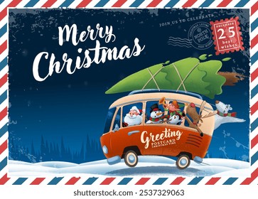 postcard mail card with characters christmas santa claus bear elf penguin snowman reindeer  gingerbread in bus