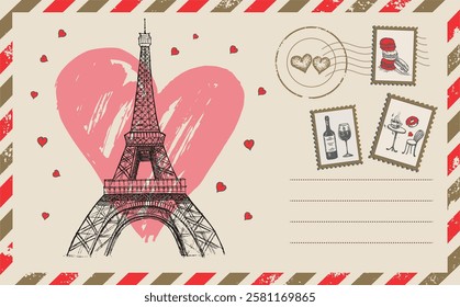 Postcard, mail, Eiffel sketch illustration.