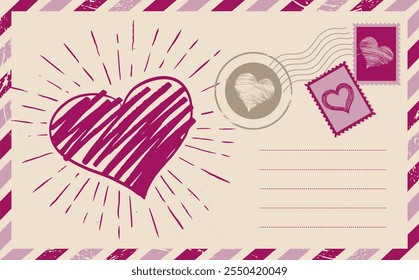 Postcard, mail, hand drawn illustration. Valentines Day.