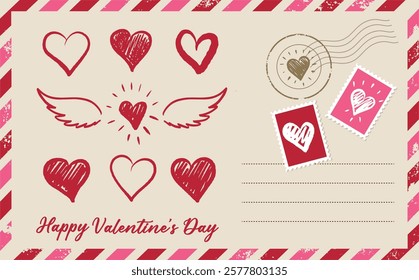Postcard, mail with Heart, hand drawn.	