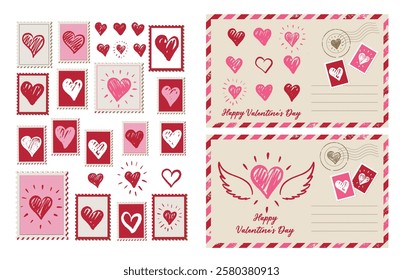 Postcard, mail with Heart hand drawn. Valentines day.	