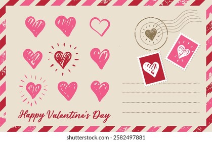 Postcard, mail with Heart hand drawn. Valentines day,	