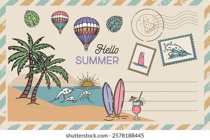 Postcard, mail, Hello summer, hand drawn.	