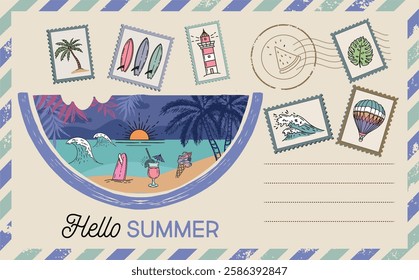 Postcard, mail, Hello summer, hand drawn.	
