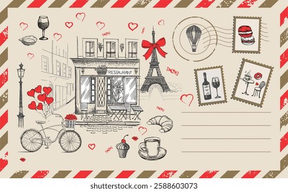 Postcard, mail, Paris cafe sketch illustration.	