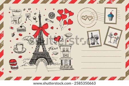 Postcard, mail, Paris cafe sketch illustration.	