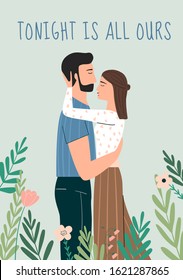 Postcard with man and woman kissing. Card with couple almost kissing.Tonight is all ours written at the bottom of the postcard. Concept of Valentine's Day, love, relationship. Flat vector illustration