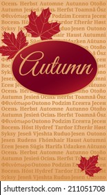 Postcard with maple leaves on background of word "autumn" in the languages of Europe